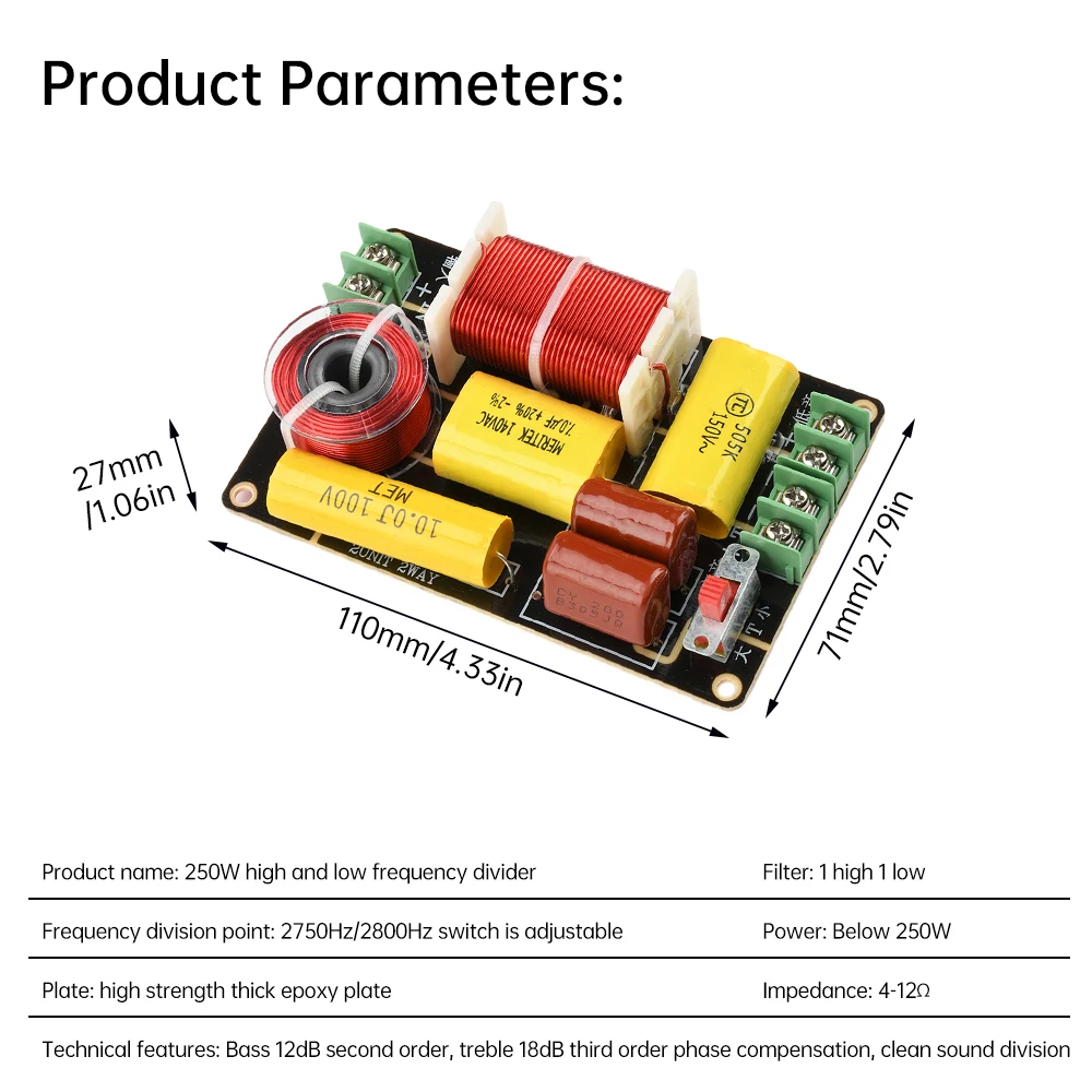 WEAH-250 Crossover de Audio bidireccional alto-bajo 2750Hz/2800Hz Placa de filtro cruzado de calidad de sonido HiFi ajustable para reequipamiento de altavoces - imagen 2