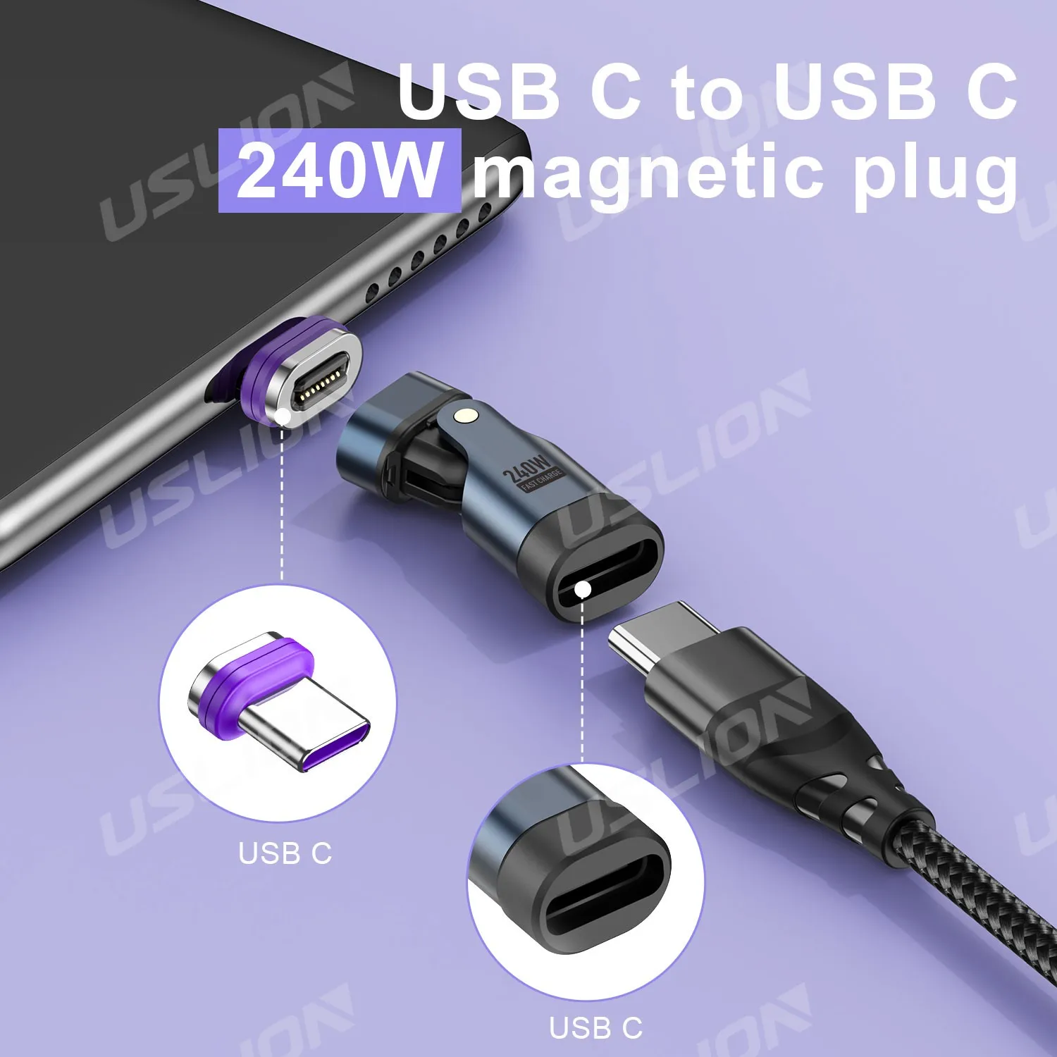 USLION PD240W Convertidor Magnético 180 ° Datos giratorios del adaptador de carga USB C a USB C Micro USB ios para iphone 15/16 Samsung Xiaomi - imagen 5