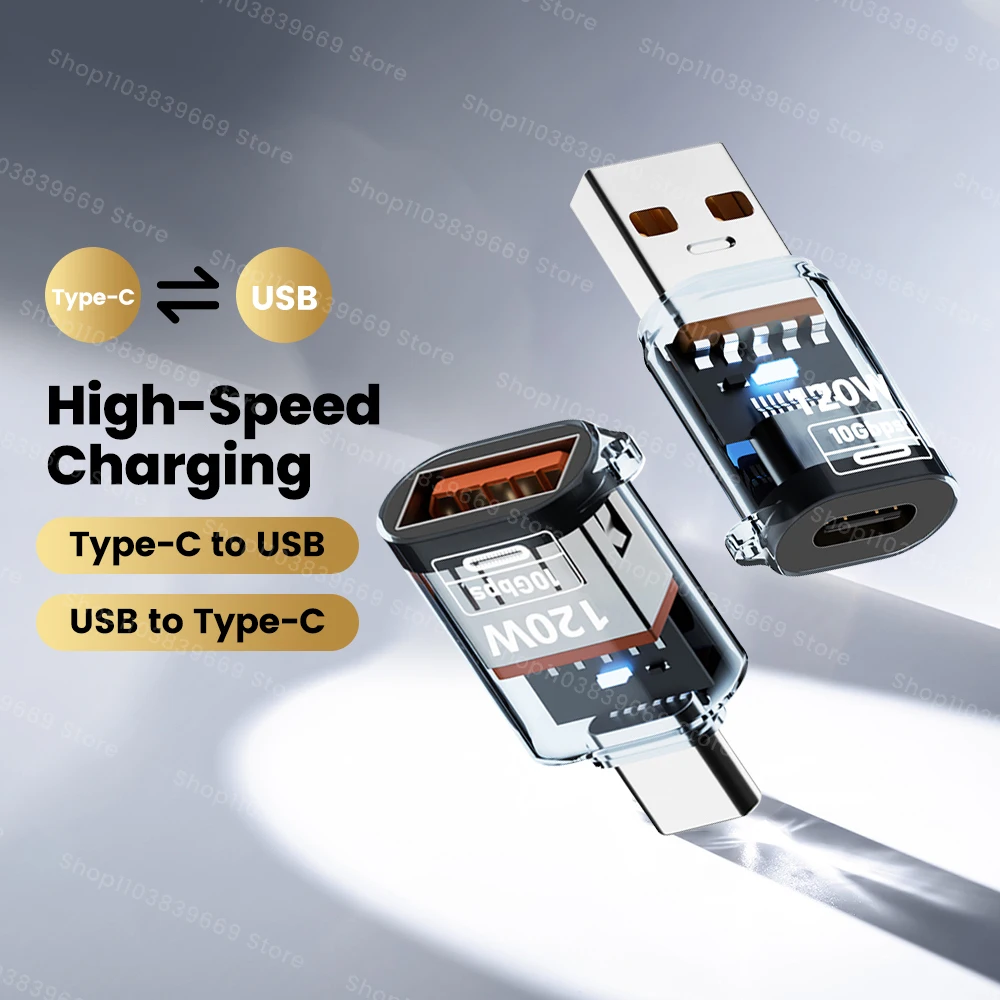 Adaptador transparente USB 3,2 de 120W, USB a tipo C OTG, adaptador OTG de 10Gbps, Cable de carga rápida para PC, portátil y ordenador