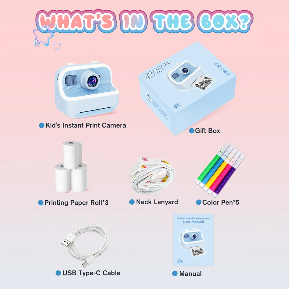 Minicámara de impresión instantánea para niños, cámara fotográfica Digital de juguete con pantalla de 2,4 pulgadas, cámara térmica de vídeo HD 1080P con 3 rollos de papel de impresión - imagen 3