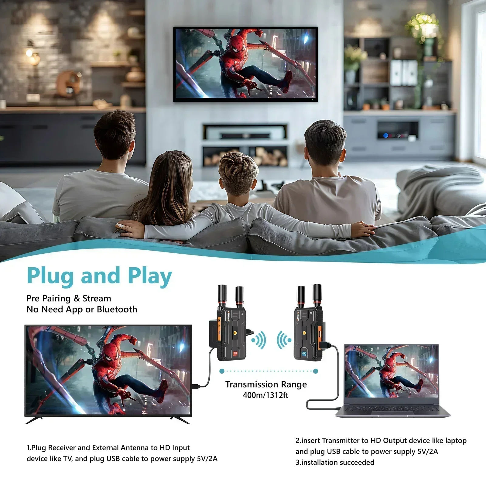 400m 5G 4K Wireless Transmission System Video Transmitter and Receiver HDMI Extender Support Battery /PC/ Camera Live Streaming - imagen 5