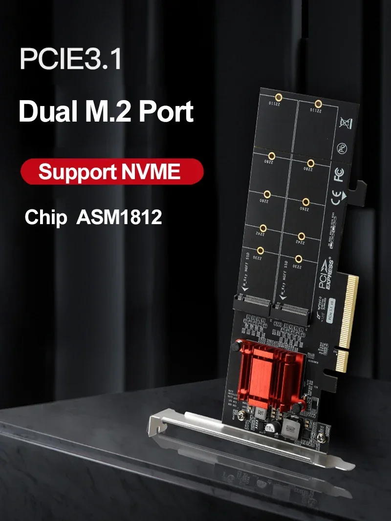 PCIe 3,1 X8 Chip ASM1812 a 2 puertos M.2 NVMe SSD adaptador tarjeta de expansión Dual M Key Nvme convertidor extensión Riser M2 a Pcie