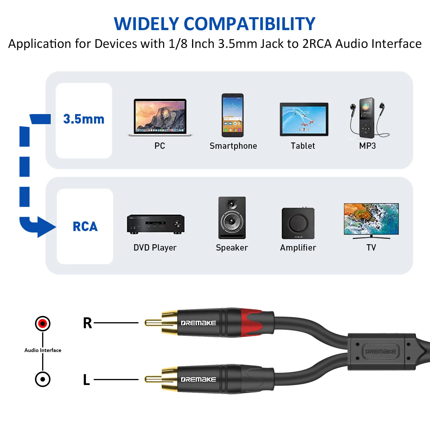 Cable de Audio RCA estéreo chapado en oro, divisor en Y TRS de 3,5mm a 2x3,5mm para PC, Smartphone, tableta, MP3, TV, DVD, amplificador de altavoz - imagen 4