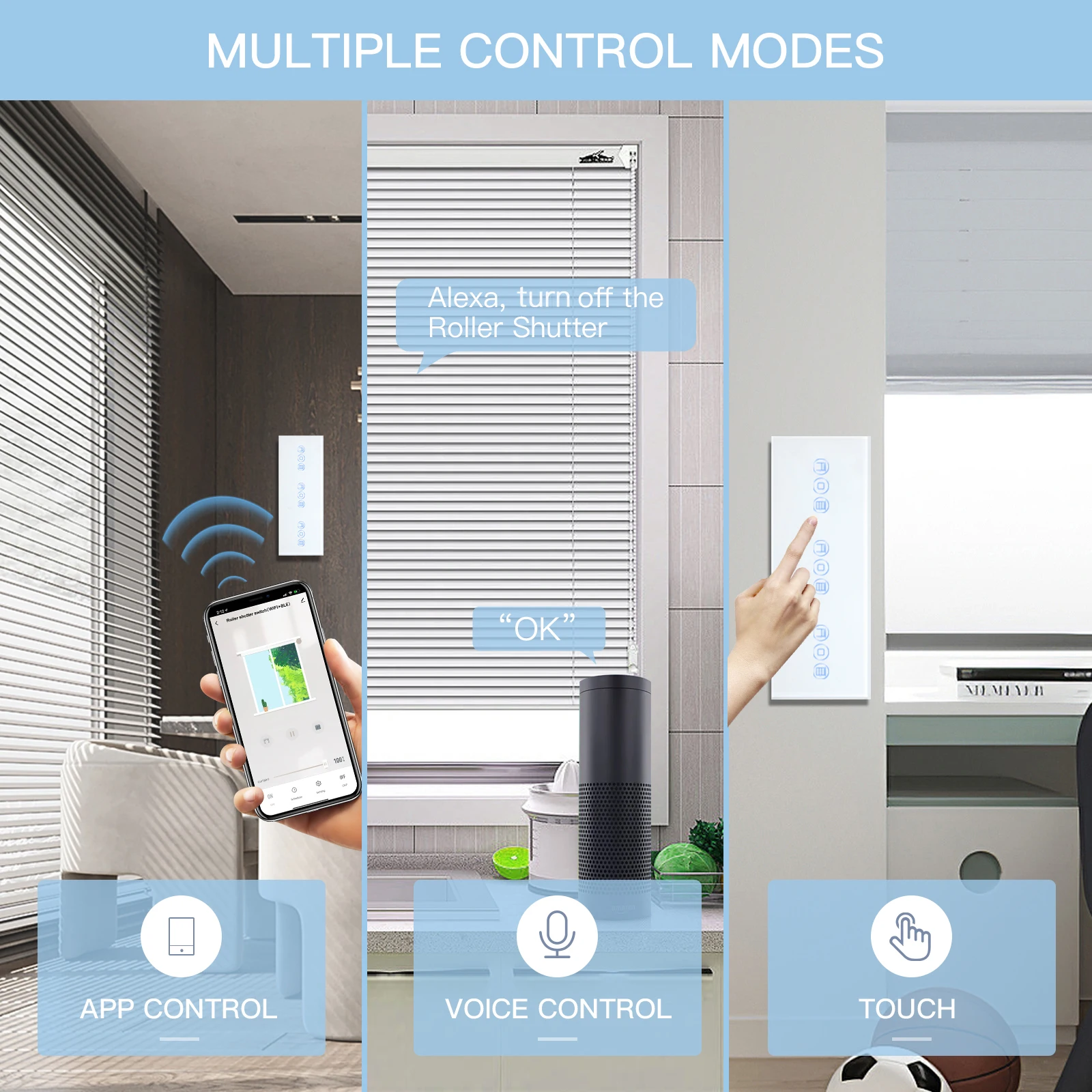 BSEED-interruptor de persiana enrollable Wifi, Triple interruptor ciego inteligente, interruptores táctiles de pared, aplicación Smart Life Tuya Alexa, Control por voz - imagen 3