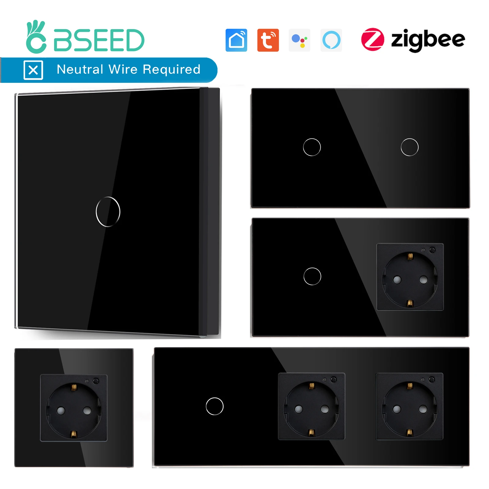 BSEED interruptores de pared Zigbee, interruptor de luz táctil de 1/2/3 entradas con toma de corriente inteligente, Control por aplicación Google Alexa Tuya, No Neutral - imagen 2