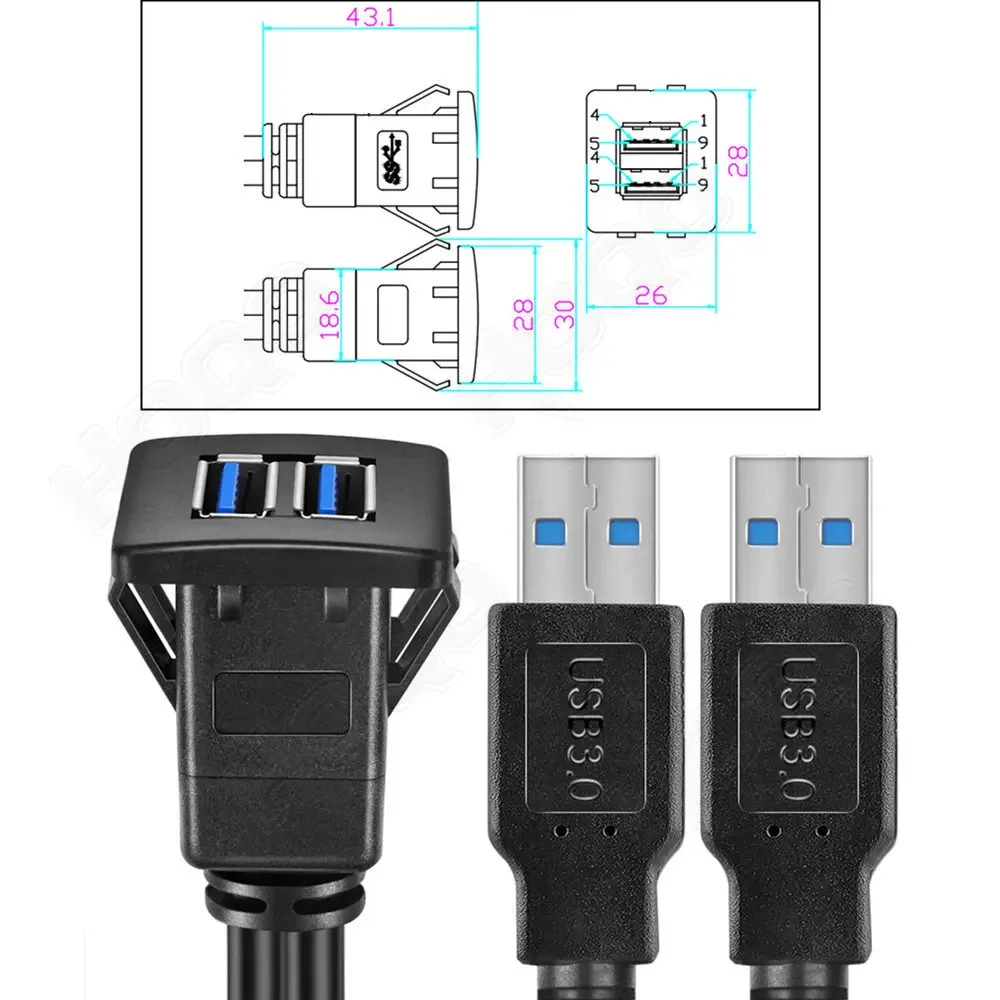 Cable USB doble hembra a macho para Panel de montaje empotrado blindado para coche motocicleta 1m 2m, Cable USB cuadrado para Panel de tablero - imagen 3