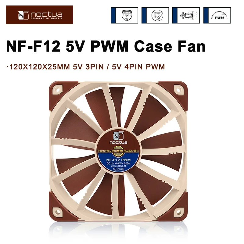 Noctua-ventilador de carcasa de ordenador de NF-F12, ventilador de chasis de refrigeración de CPU de escritorio silencioso de alta calidad, 12V PWM, 120mm