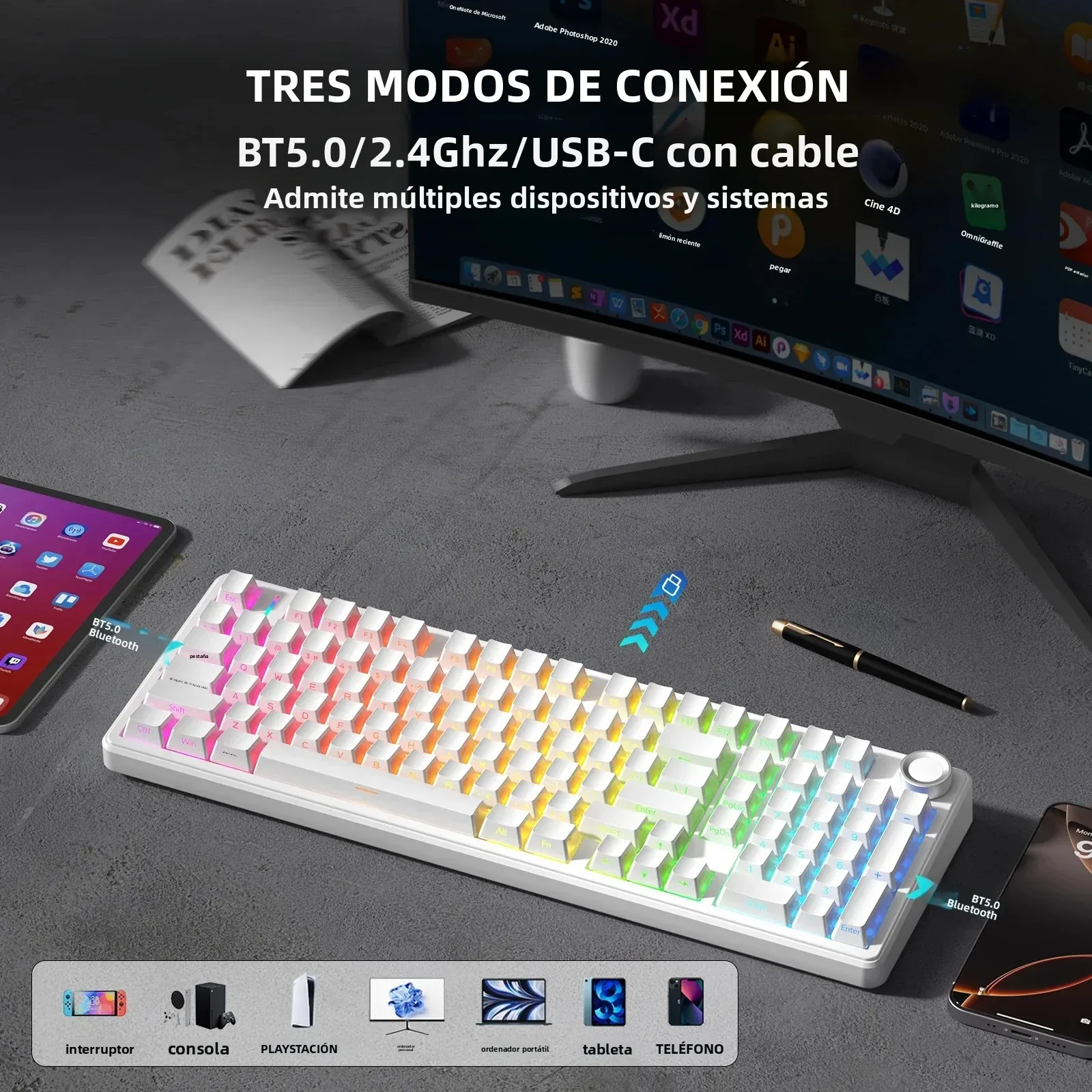 AULA F99Pro Estructura de junta de teclado de bajo ruido Teclado mecánico RGB de intercambio en caliente con perilla multimedia - imagen 5