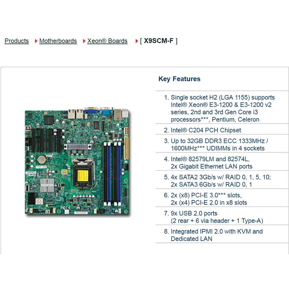 X9SCM-F para placa base UATX de servidor unidireccional Supermicro 1155 Intel C204 Xeon E3-1200 v2 series 2/3a generación Core i3 DDR3 PCI-E3.0 - imagen 5