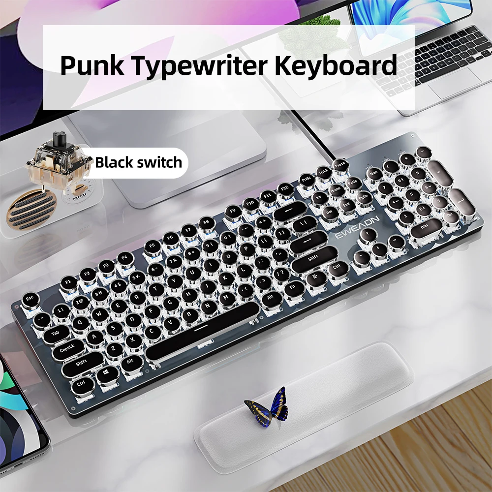 EWEADN Teclado mecánico para juegos punk, teclas redondas retro de 104 teclas, panel de metal, retroiluminado RGB, cable USB para Windows/oficina - imagen 4