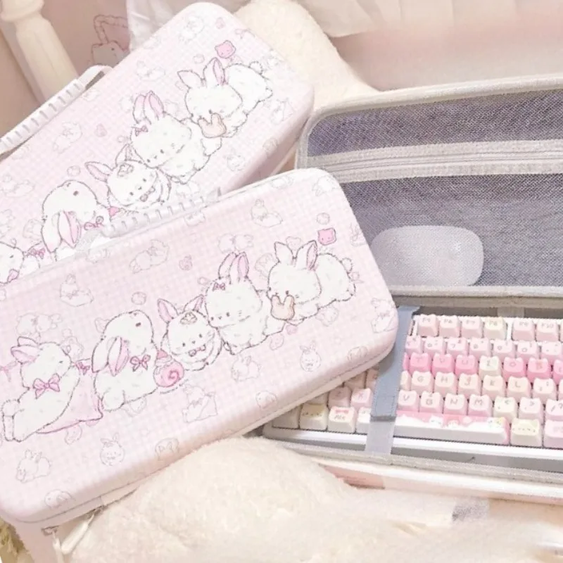 Bolsa para teclado de gato y conejo rosa, bolsa de almacenamiento para teclado a prueba de polvo de PU EVA personalizada para juegos, accesorios para teclado mecánico de oficina - imagen 5