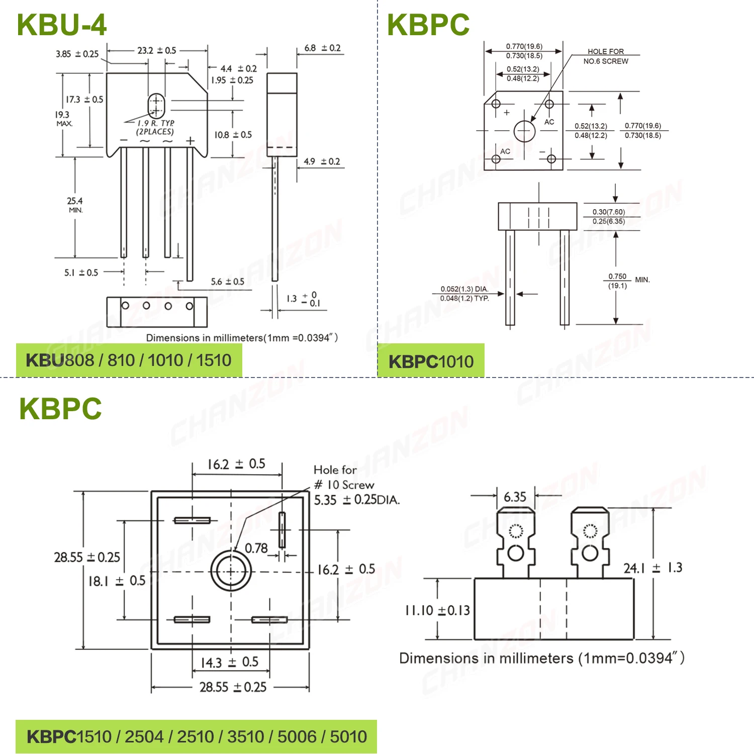 KBU808 KBU810 KBU1010 KBU1510 KBPC1010 KBPC1510 KBPC2504 KBPC2510 KBPC3510 KBPC5006 KBPC5010 puente rectificador de diodo de alta potencia - imagen 3