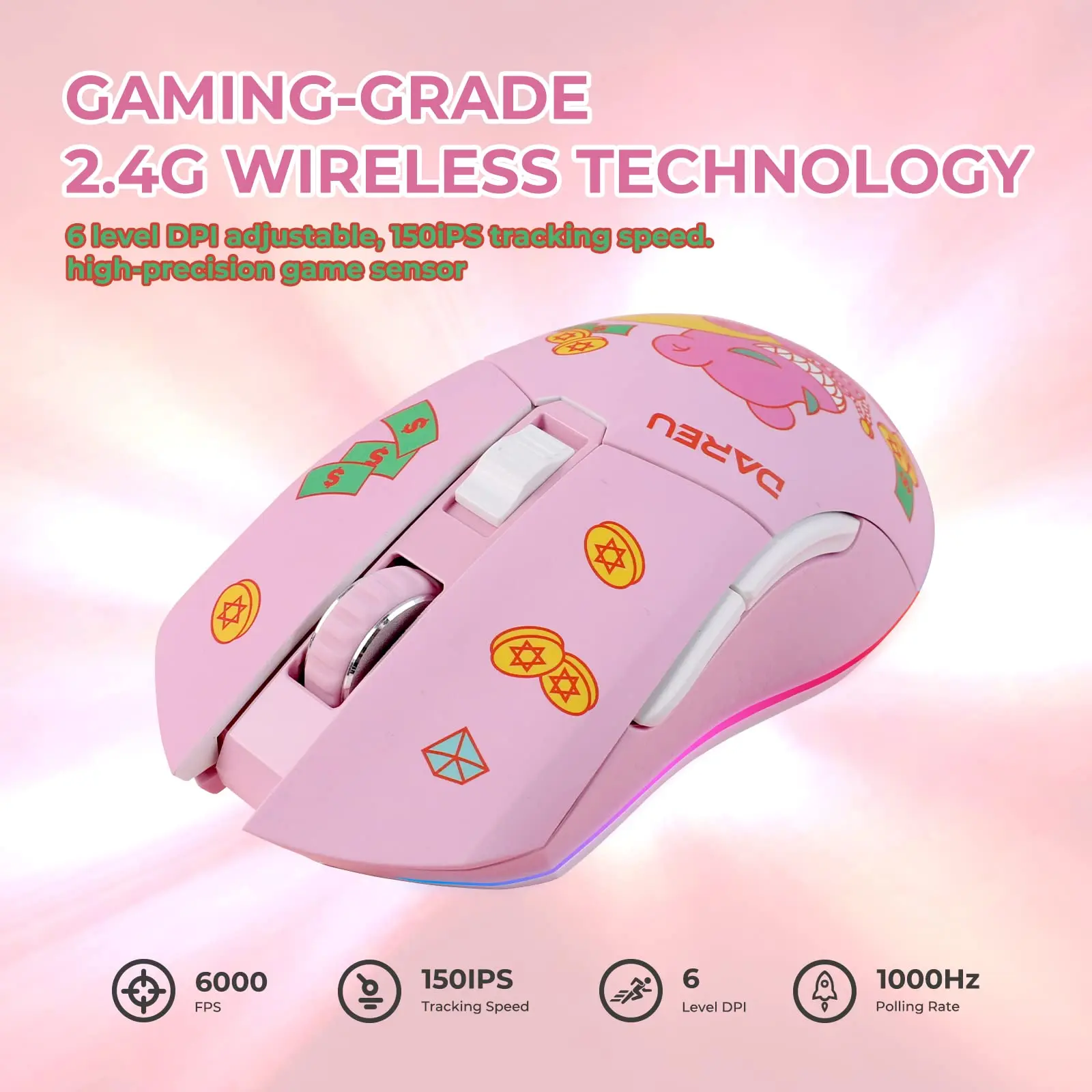 DAREU-ratón para Gamer de modos duales, inalámbrico, con cable, RGB, 2,4G, batería de recarga integrada de 930mAh para PC y portátil - imagen 5