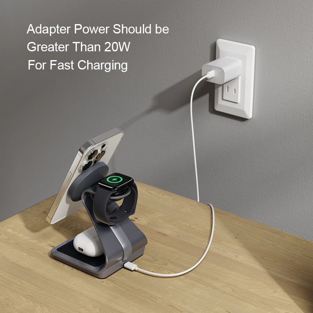 Bonola Estación de carga 3 en 1 para iPhone 17/16/15/14/13 Base magnética Soporte de cargador inalámbrico de metal para Apple Watch/AirPods Pro - imagen 3