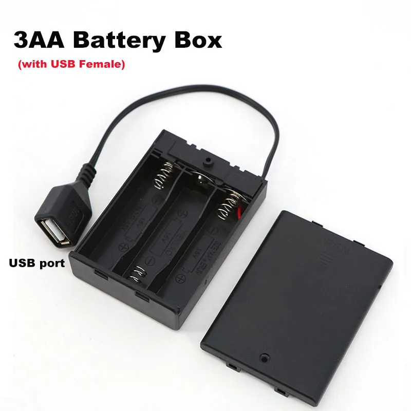 Cubierta de la caja de la batería de 4,5 V 3 * AA con puerto hembra USB de 5v 3xAA para bloques de construcción Kit de luz LED con interruptor de caja 65x45x15mm - imagen 2