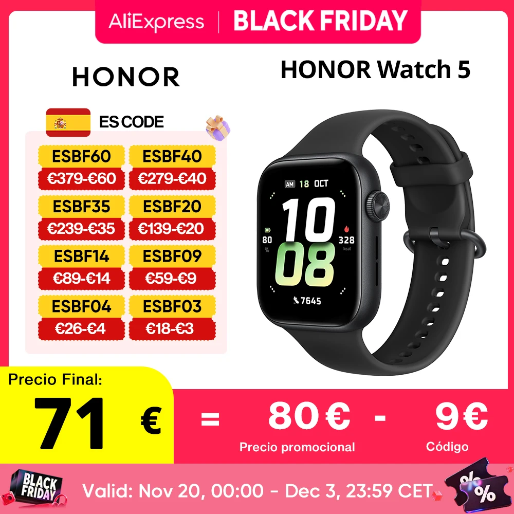 Versión Global HONOR Watch 5 Smartwatch Seguimiento GPS preciso Escaneo rápido de salud Pantalla grande de 1,85 pulgadas Batería de larga duración de hasta 15 días Compatible con GPS IP68