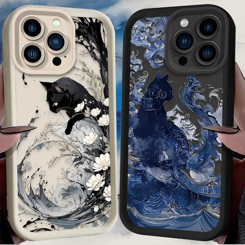 Funda de teléfono suave para iPhone 16 16E 15 14 13 12 11 Pro Max X XS X S Max XR SE 2020 SE4 7 8 Art Splash-ink Cat cubierta a prueba de golpes