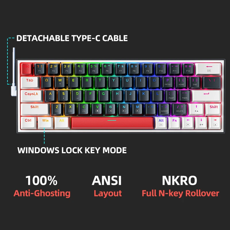 Teclado mecánico Thunderobot K63 con cable RGB ANSI 60% diseño de 63 teclas con teclas de flecha teclado para juegos intercambiable en caliente para jugadores - imagen 2
