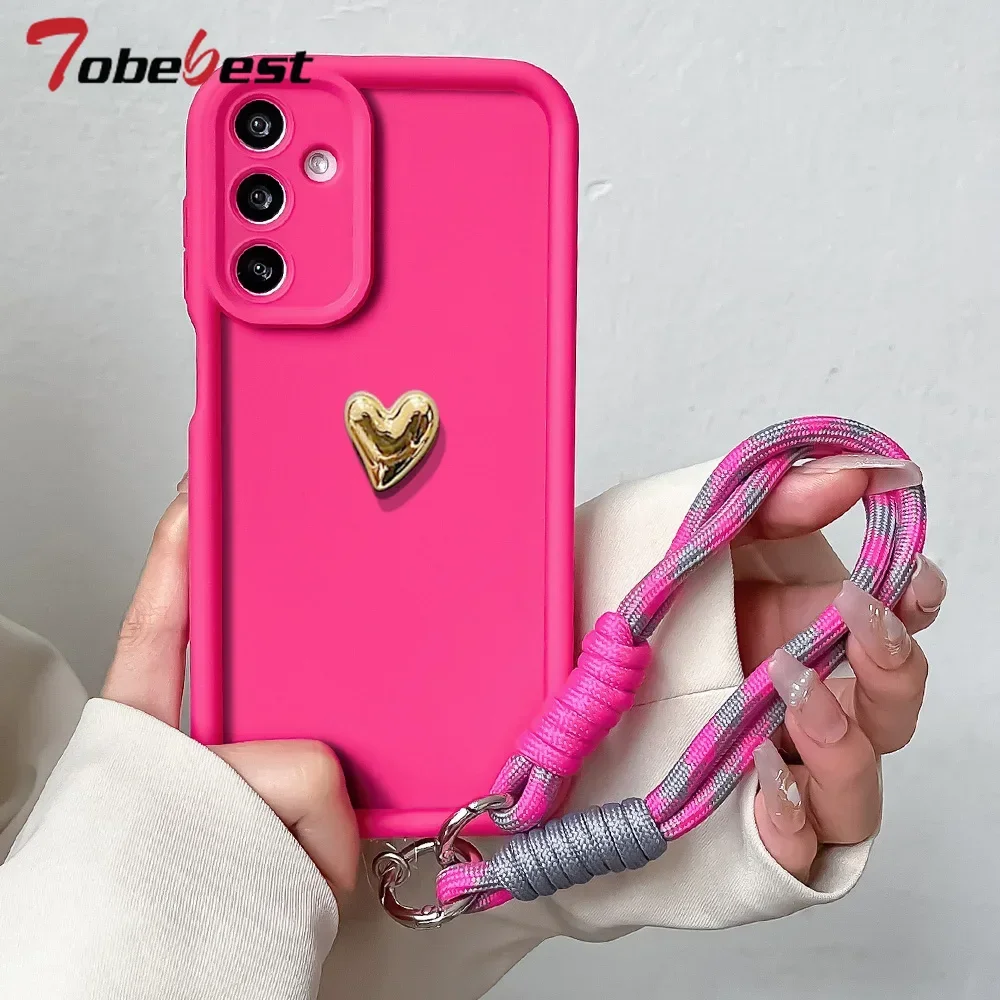Funda con cordón de muñeca con corazón de amor dorado para Samsung Galaxy A13 A23 A33 A53 A73 A12 A22 A32 A52 A52S A72 4G 5G, funda de silicona - imagen 5