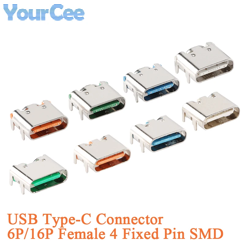 Conector hembra USB tipo C 6P/16P 4 pines fijos SMD enchufe de carga rápida de alta corriente blanco naranja azul verde 10 Uds
