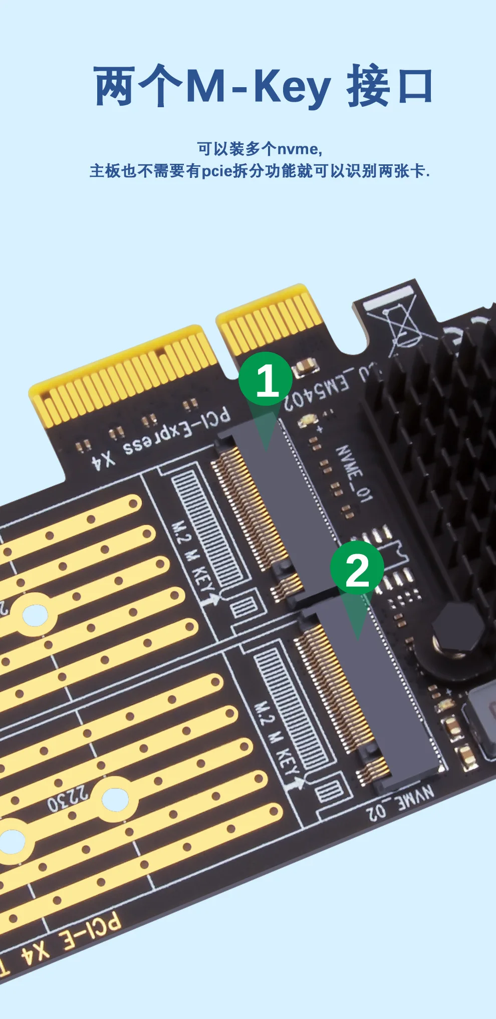 Tarjeta de expansión M2 para NVME, adaptador SSD de 20Gbps/40Gbps PCI-E X4 a puerto Dual M.2 m-key para NVME 2230 2242 2260 2280 22110 - imagen 3