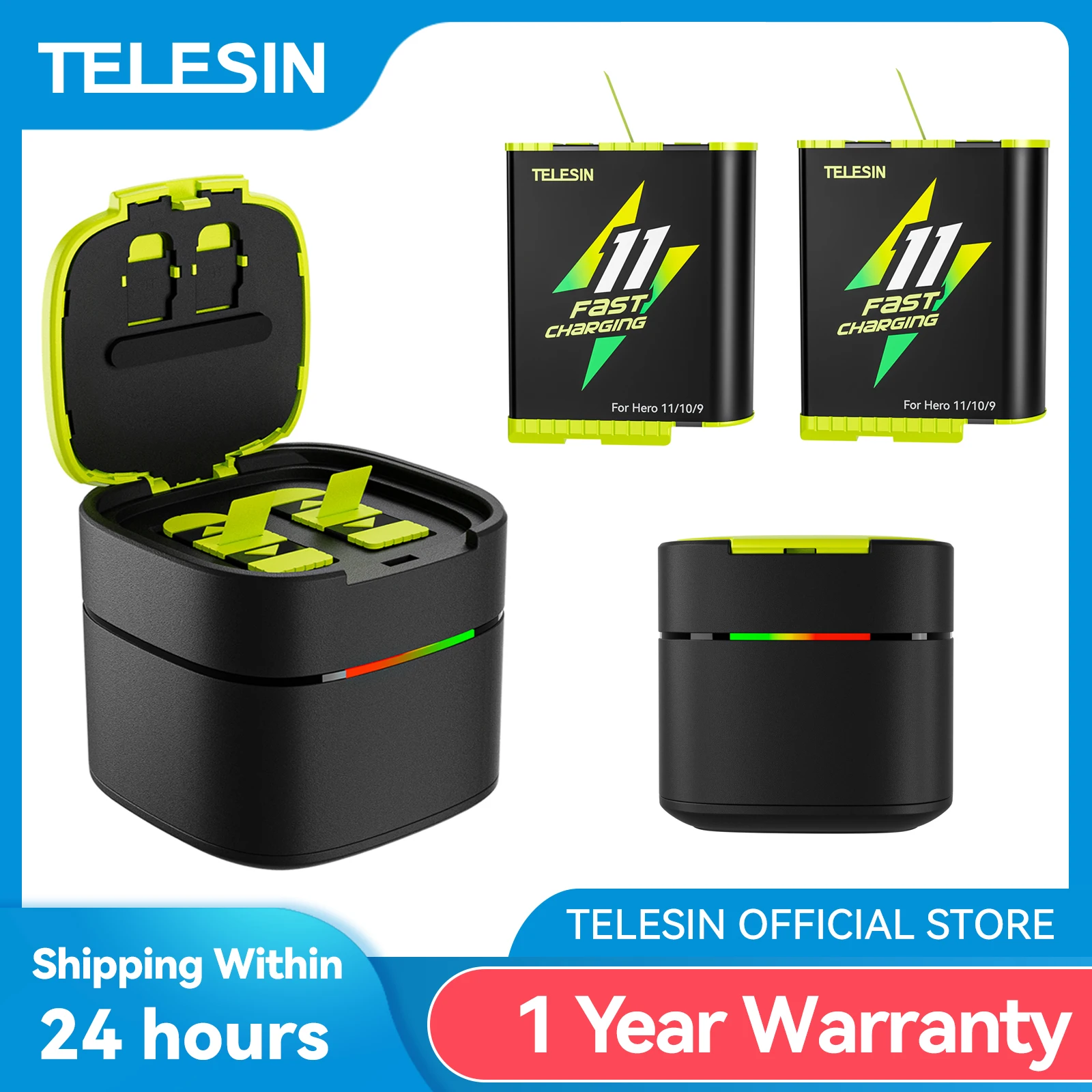 TELESIN-Batería de carga rápida para GoPro Hero 11, 10, 9, 1750 mAh, 2 vías, 2A, caja de carga rápida, almacenamiento de tarjeta TF para Gopro - imagen 2