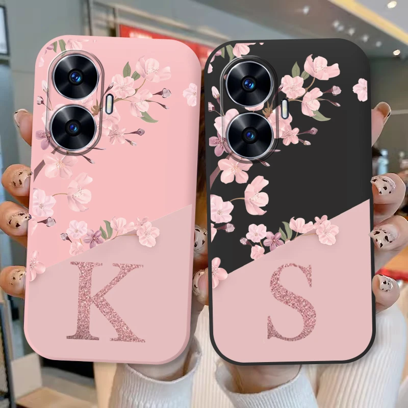 Funda de teléfono con letras y flores para Realme C55 4G, funda de silicona suave con parachoques de TPU a prueba de golpes para Realme C55 C 55, Fundas RealmeC55