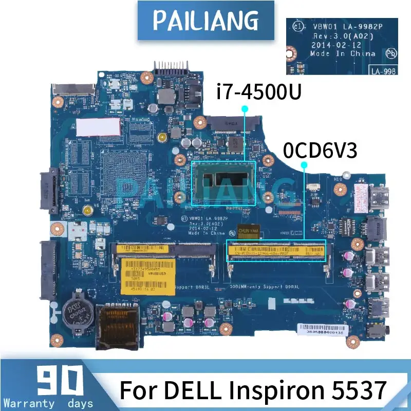 Placa base para ordenador portátil DELL Inspiron 5537 i7-4500U, placa base 0CD6V3, LA-9982P, SR16Z, DDR3 - imagen 3