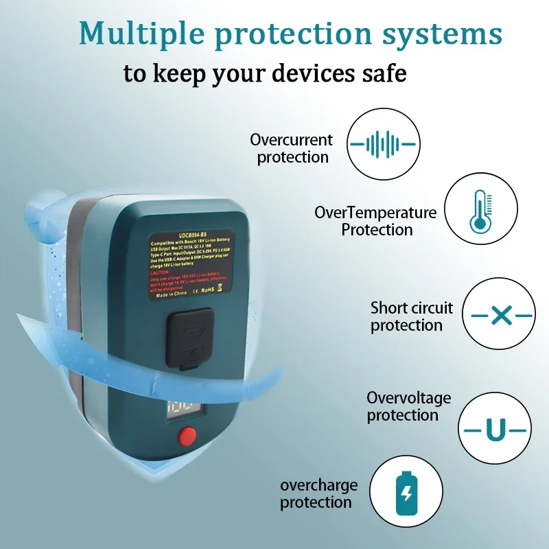 Adaptador de cargador USB de 65W para batería de iones de litio Bosch de 18V, adaptador de batería de cargador rápido portátil con pantalla LCD, puertos USB y tipo C - imagen 4