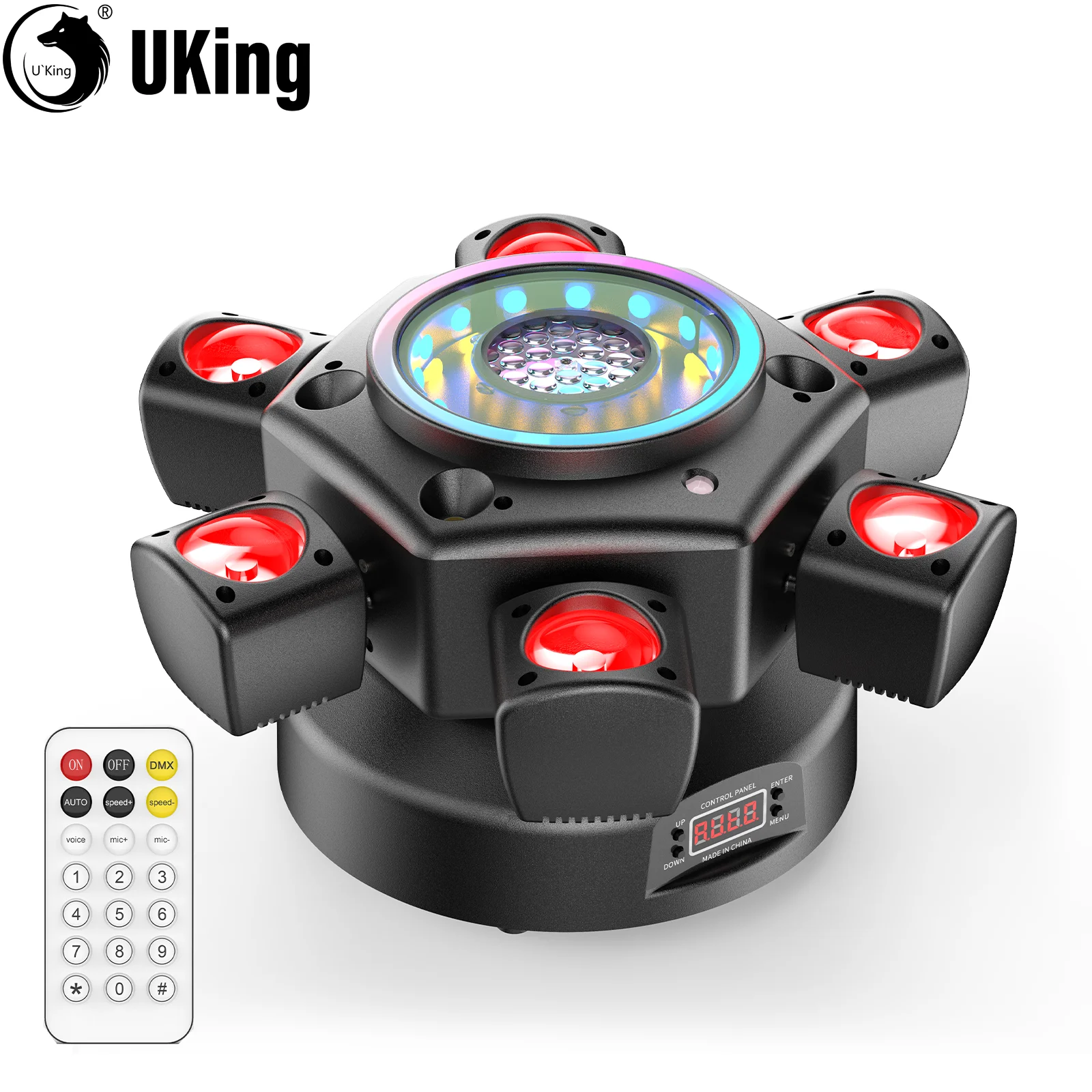 U'King-luz con cabezal móvil RGBW de 6 brazos, 100W, con Control remoto, luz estroboscópica giratoria para escenario, luz de DJ para fiesta de boda, Bar, KTV