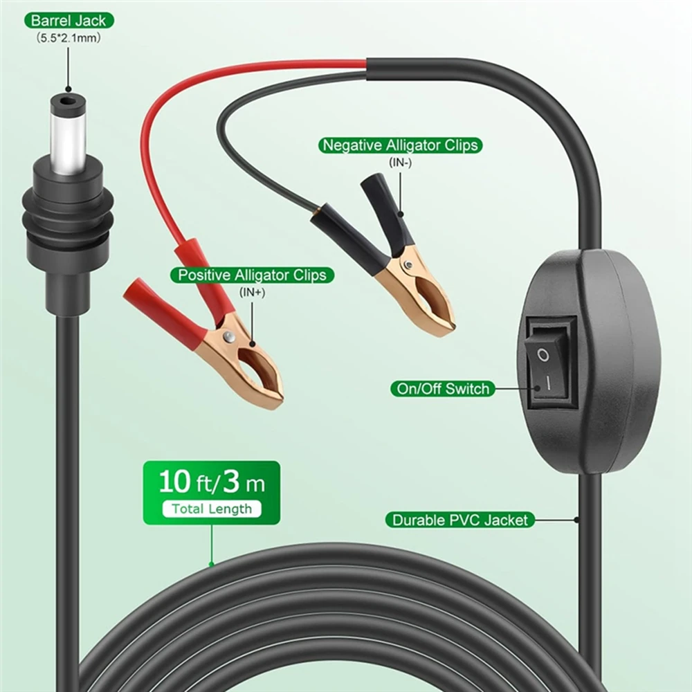 2/3/5M para Starlink Mini 12-48V Clip de cocodrilo a Cable de alimentación CC Cable de carga de 16AWG con interruptor y abrazaderas de cocodrilo - imagen 5