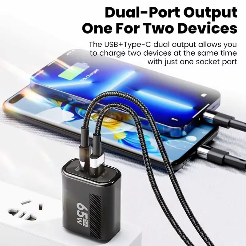 Cargador USB C de 65W, cargador GaN de carga rápida 3,0 tipo C, adaptador de teléfono para iPhone, Samsung, Xiaomi, Huawei, cargador de pared rápido de 2 puertos - imagen 2