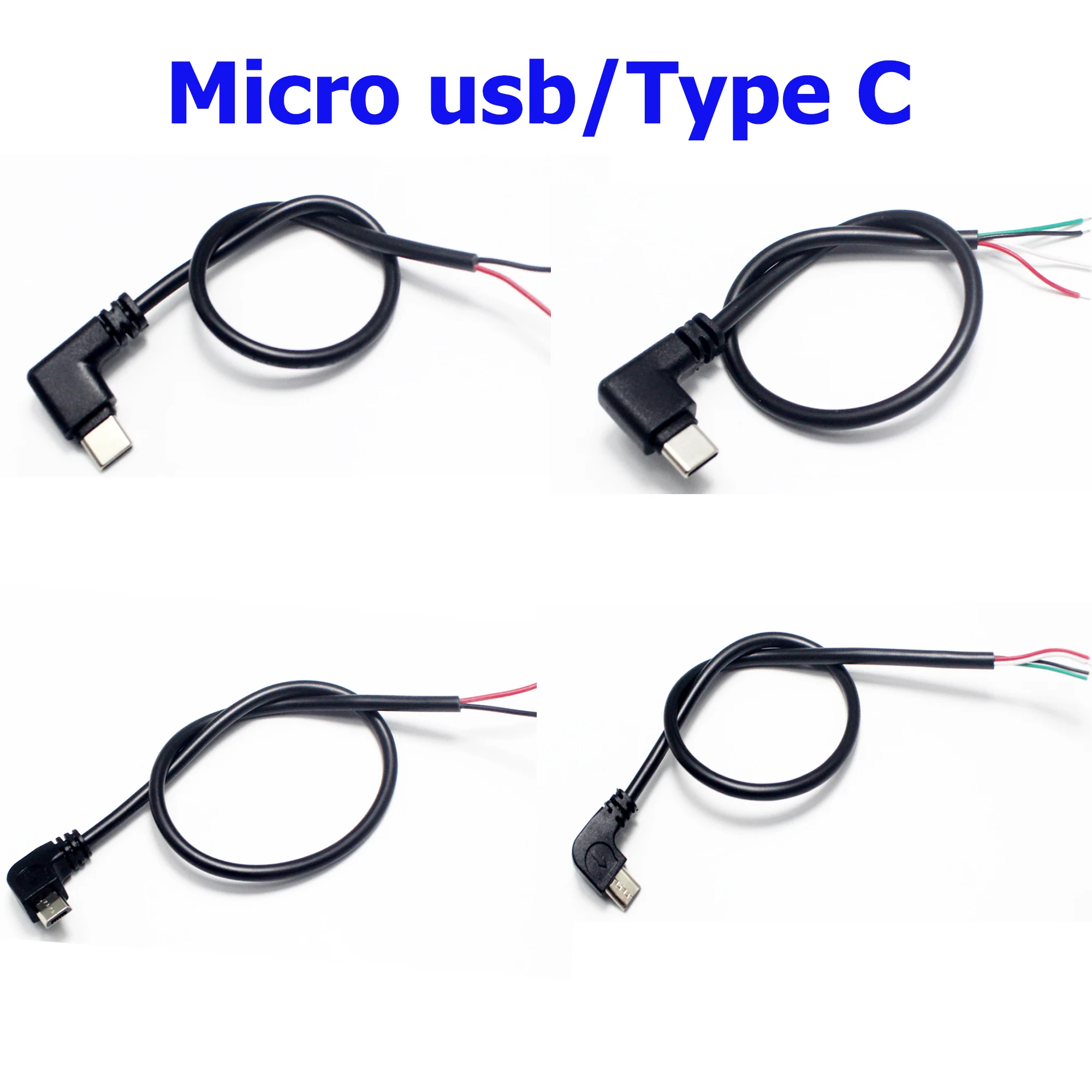 1 Uds. Conector USB Micro tipo C de 2 cables y 4 cables, conector macho de cabeza recta/codo de 4 pines/2 pines, cable de extensión macho tipo c para bricolaje