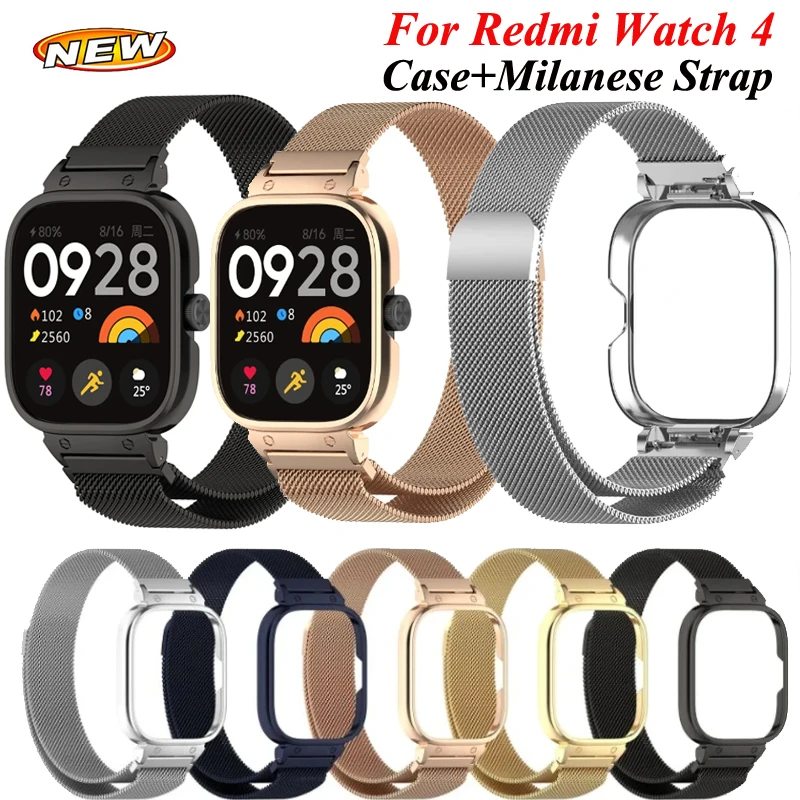 Funda + bucle milanés magnético para reloj inteligente Redmi 4, correa de Metal para Xiaomi Redmi Watch 4, Protector de pantalla de repuesto