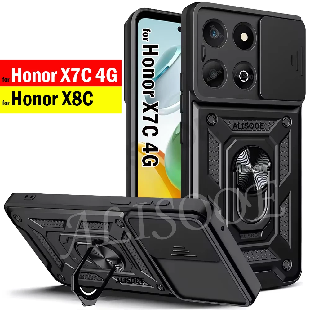 Funda para Honor X8C X7C 4G, Funda deslizante para lente de cámara, soporte de anillo, Funda de teléfono a prueba de golpes para Honor X7C Capa