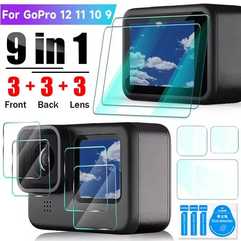 Protector de pantalla de vidrio templado para GoPro Hero 12 11 10 9, lente de cámara negra, película protectora antiarañazos, cristal de pantalla frontal trasera