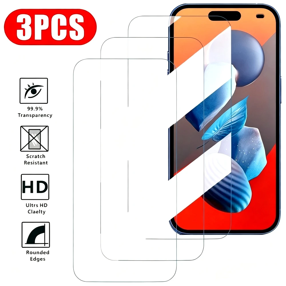 Protector de pantalla ultra transparente de 3 piezas para iPhone 17 16 15 Pro Max Air 15 16 14 Plus vidrio templado para iPhone 14 13 12 11 Pro XR XS