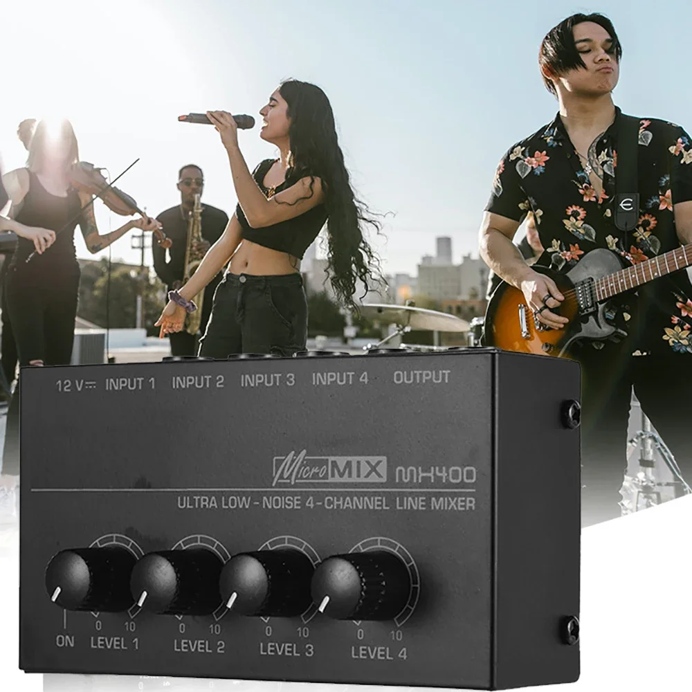 Mini mezclador de sonido de 4 canales Mezclador de línea DC 12V Mezclador de audio de fácil operación Ruido ultrabajo 4 entradas 1 salida con adaptador de corriente - imagen 2