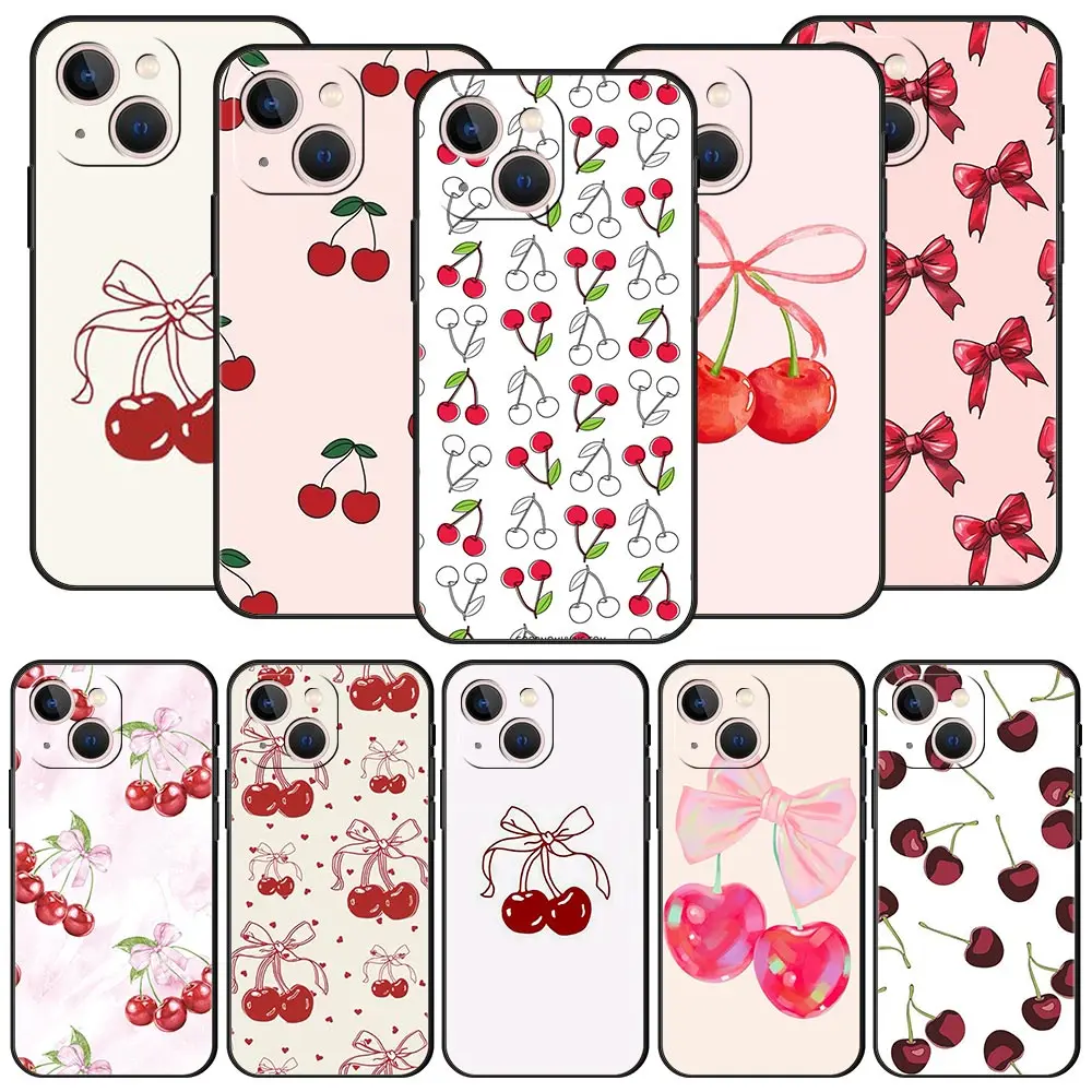 Bonita funda de teléfono con lazo de cereza para iPhone 16 13 15 14 12 11 Pro MAX XR X SE XS 7 8 Plus, funda suave de TPU