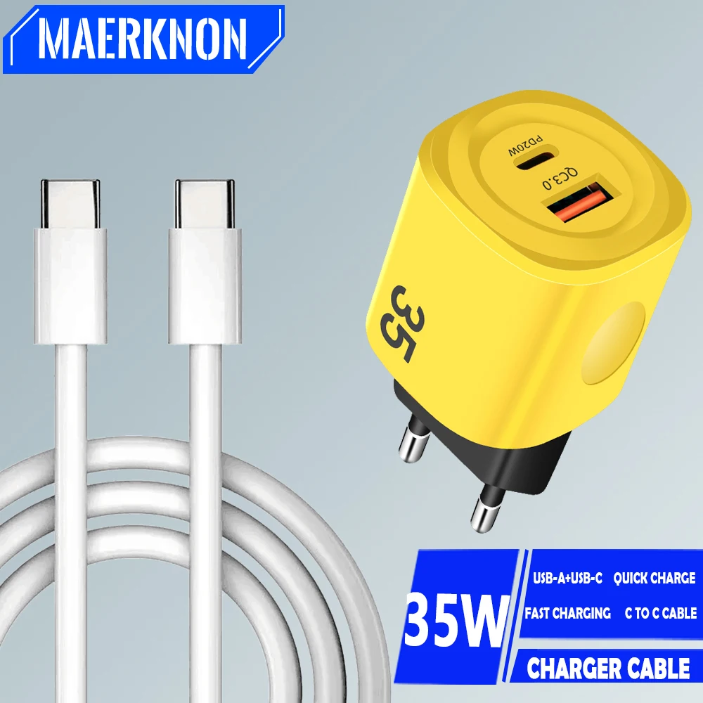 Cargador USB PD de 35W con dos puertos, cargador de pared de carga rápida tipo C para iPhone, Samsung, Xiaomi, Cable tipo C a tipo C