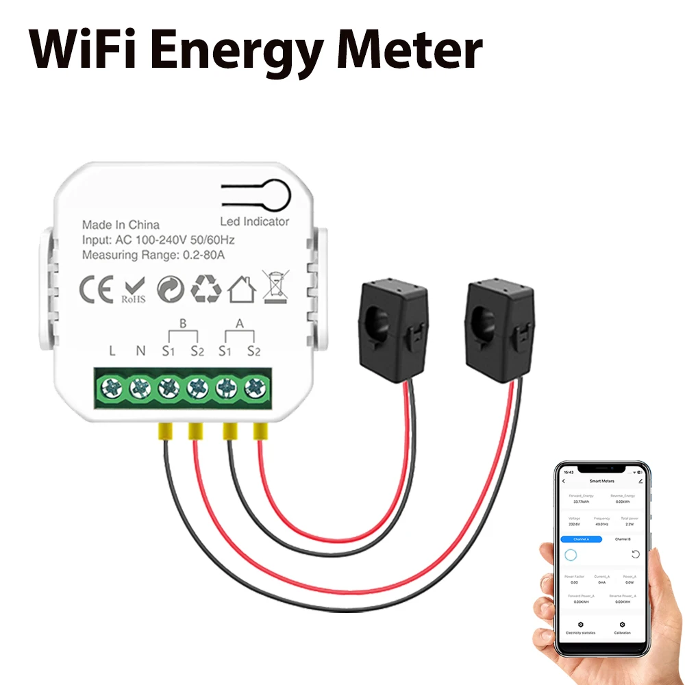 Tuya Smart Life WiFi medidor de energía 80A bidireccional 2 canales con abrazadera aplicación Monitor exportación Solar y energía de importación AC110V/240V