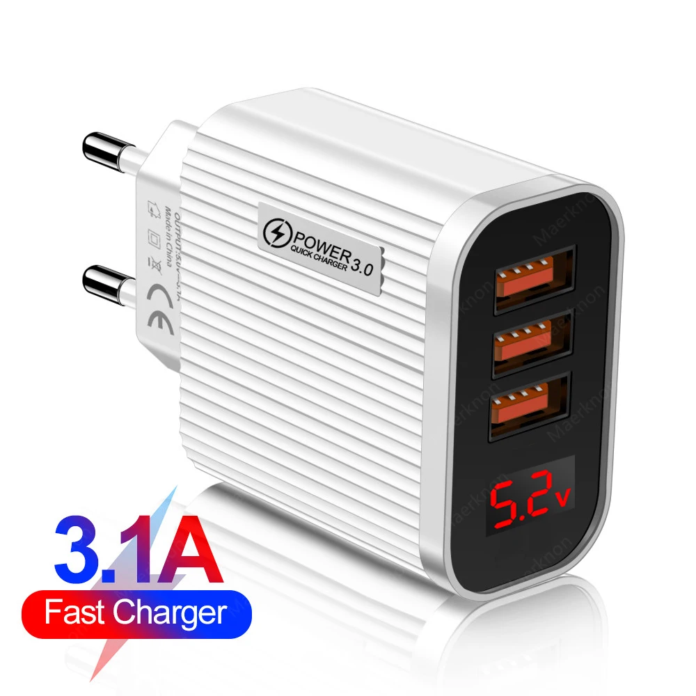 Cargador USB de carga rápida 3,0, adaptador de carga de teléfono con 3 puertos USB con pantalla LED para Samsung, Xiaomi, Huawei, enchufe europeo/estadounidense