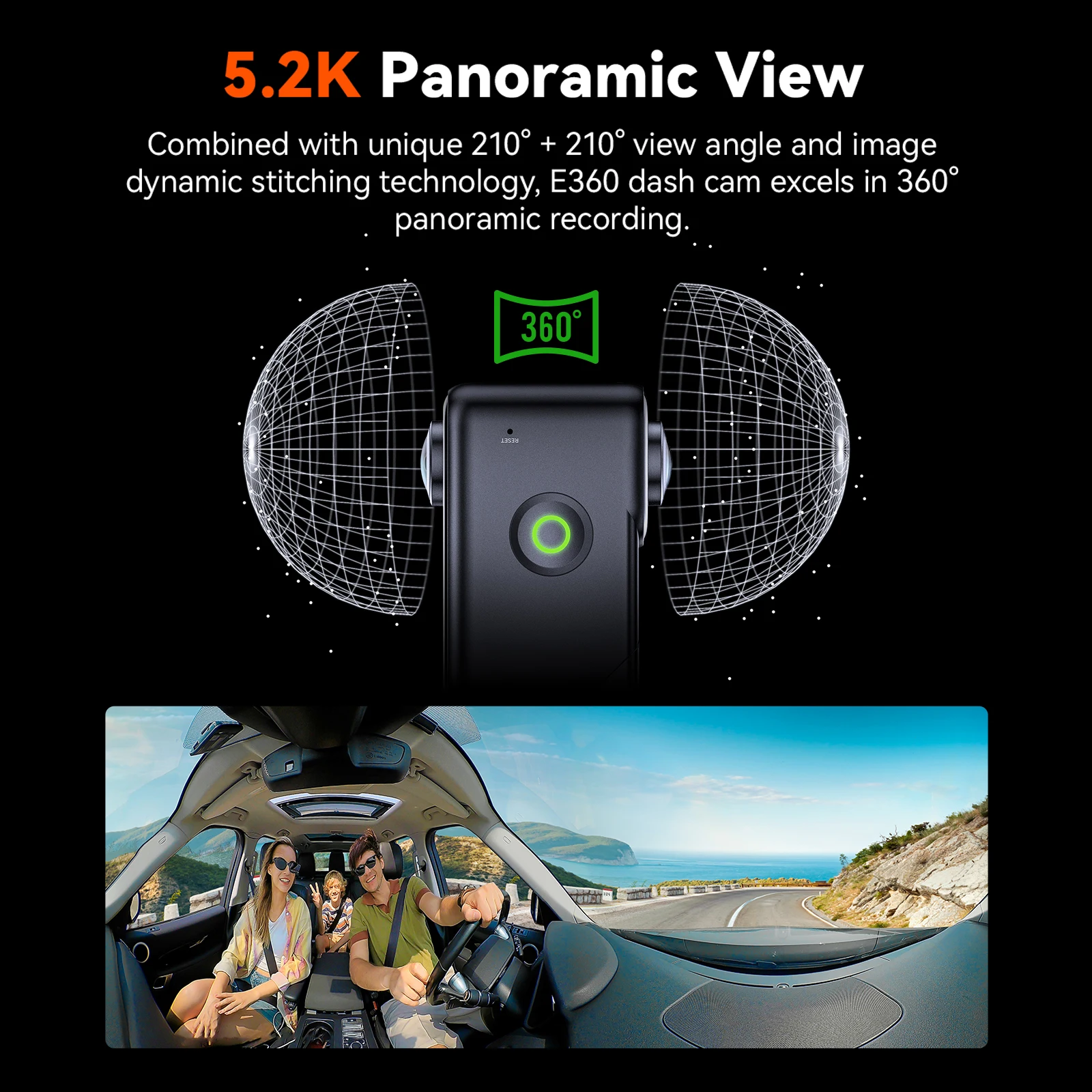 Vantrue E360 Dashcam 360 ° 5.2K Panorámica 5GHz WiFi y GPS Cámara dual STARVIS 2 IR Visión nocturna Control de voz Pantalla táctil para automóviles - imagen 3