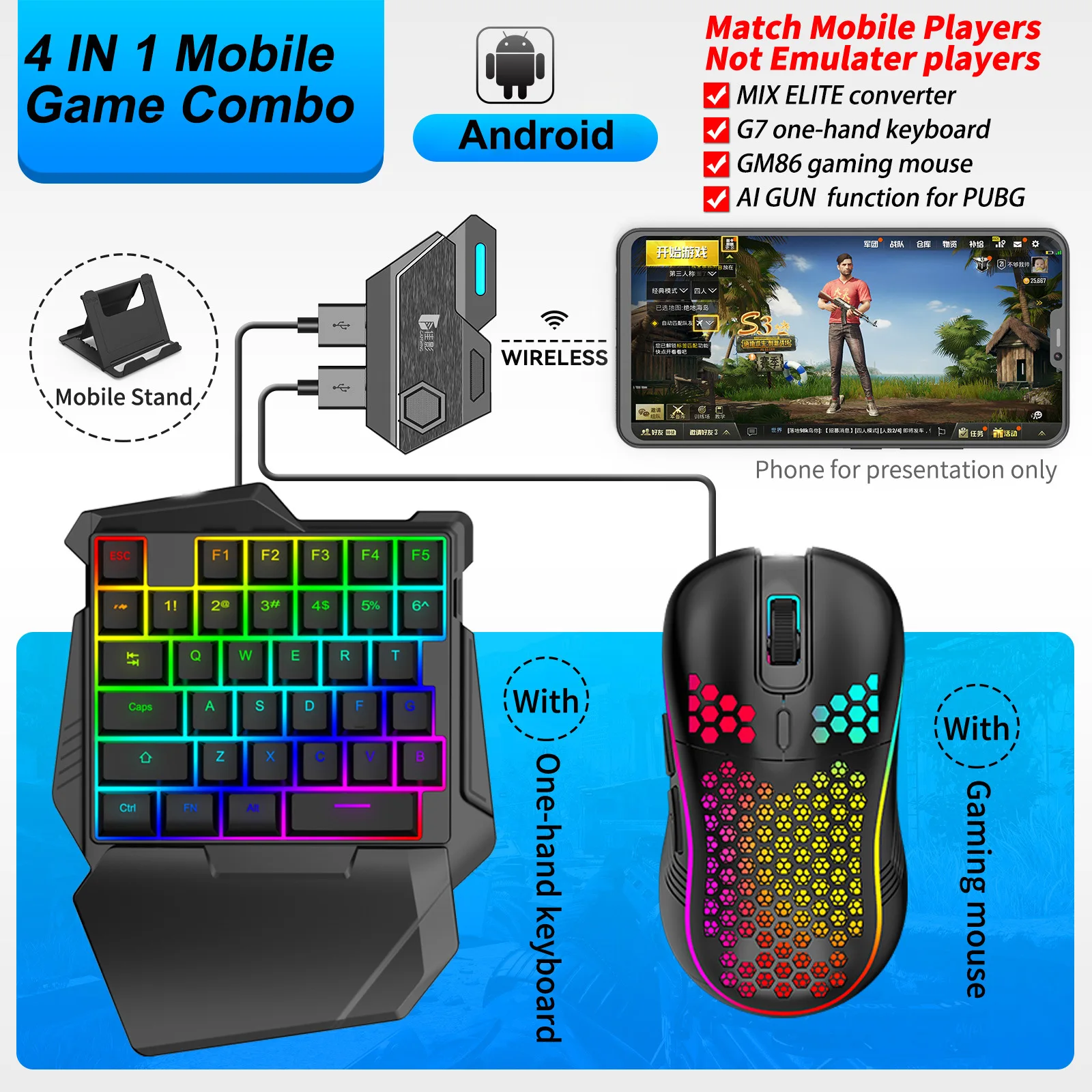 Convertidor de juegos móviles, Kit de teclado y ratón, convertidor Mobilador para jugadores, Combo 4 en 1, teclado para juegos, conexión Bluetooth, Mix Elite