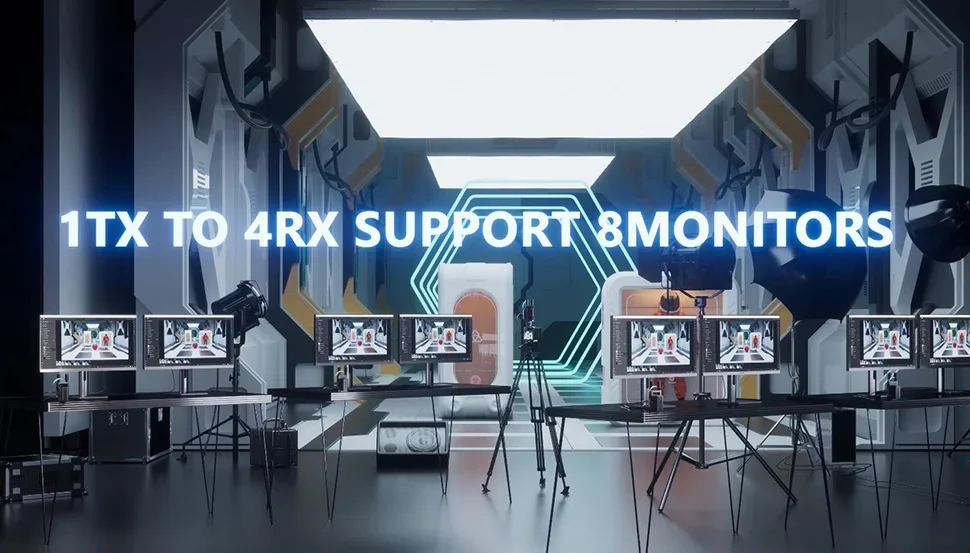 Una habitación con muchos monitores y un letrero que dice 4RX Soporte 8Monitor