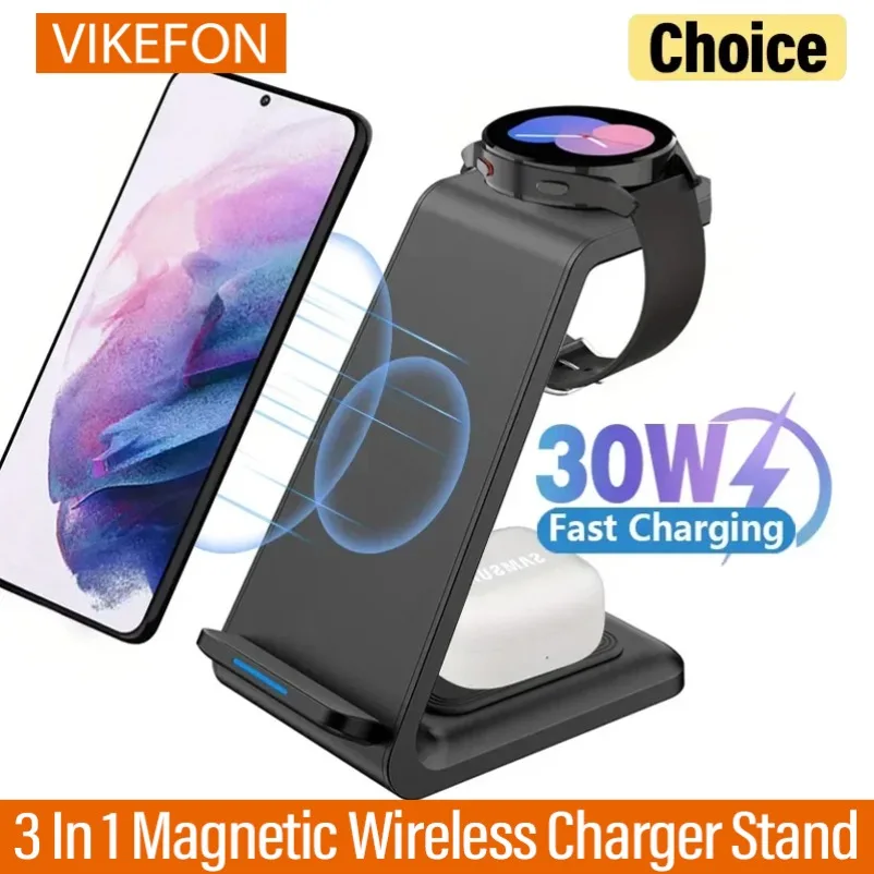 Soporte de cargador inalámbrico rápido de 30W para iPhone 16-12 Samsung S24 S23 Apple Watch 8/7 Samsung Galaxy 6/5 Estación de carga 3 en 1