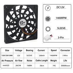 SXDool Ventilador PC 120x120x12 mm DC 12V 3 pines 1400 rpm