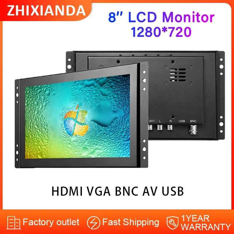 Pantalla panorámica de 8 pulgadas, 1280x720, pantalla LCD sin contacto, caja de Metal, Monitor de marco abierto con interfaz HD VGA BNC AV USB
