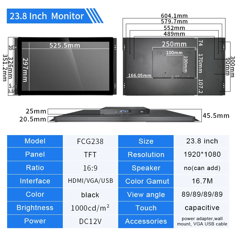 23,8 pulgadas 1920*1080 impermeable 1000nits LCD pantalla táctil capacitiva Monitor de pantalla plana para la industria con HD VGA USB - imagen 5