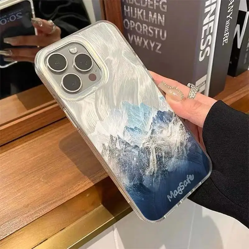 Funda de teléfono dorada y azul Snow Mountain para iPhone 16 15 14 13 12 11 Pro Max X Xs XR XSMax 8 6 6s Plus cubierta trasera con textura de plumas - imagen 4
